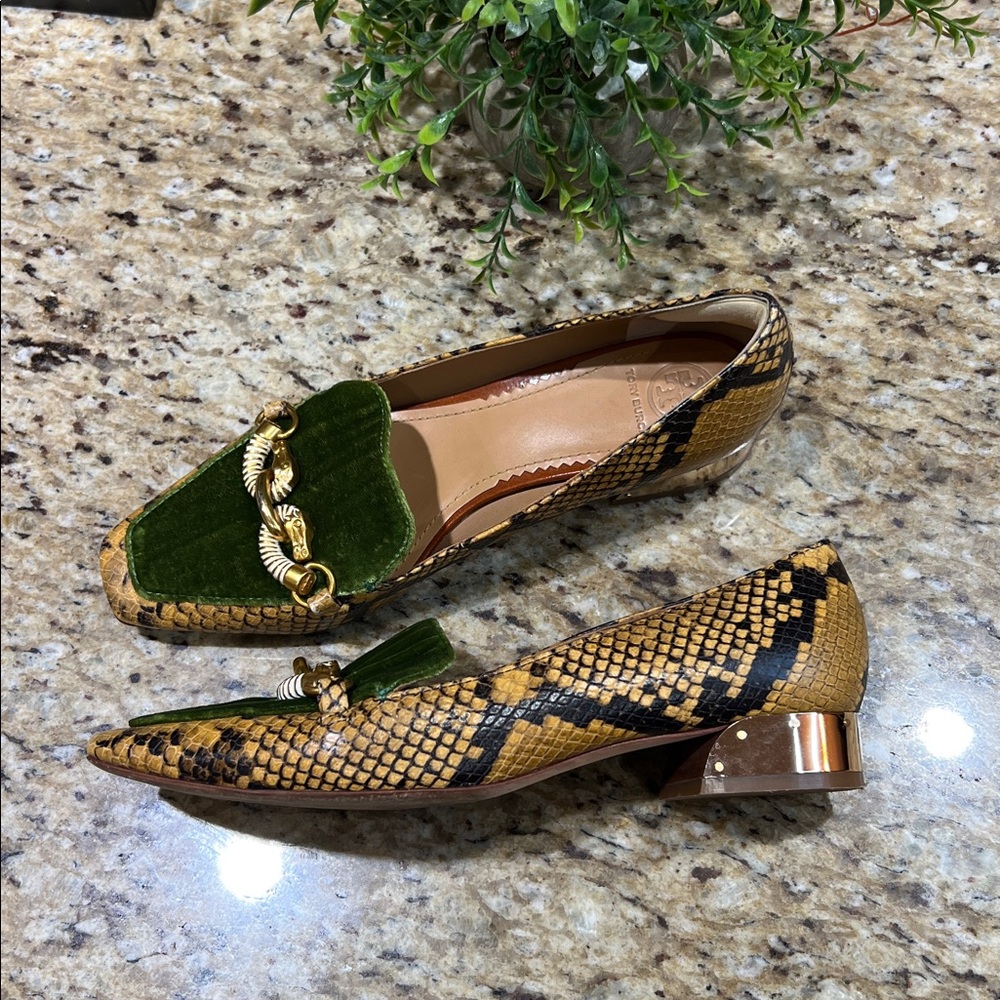 Tory Burch Jessa Velvet & Snake Leather Print Green and Brown Loafers 8M